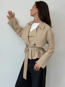 Aloruh Trench coat corto da donna con vita stretta, color cachi, versatile per l'autunno/inverno - Cachi - Visualizzare 7