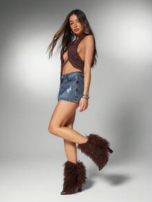 SHUZIA Fashionable Women's Chocolate Faux Fur Fuzzy Pu Chunky Heel Pointed Toe Bootie Slip-On Comfort Fall Winter Holiday Shoe - Chocolate Brown - View 3