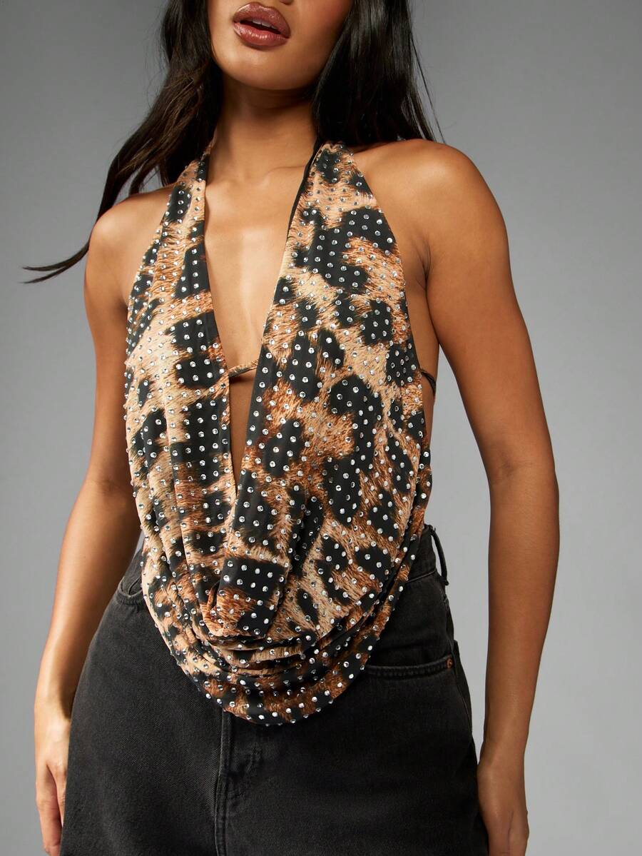 MISSGUIDED Áo hai dây cổ yếm họa tiết da báo đính đá lấp lánh, thích hợp cho tiệc tối, câu lạc bộ, lễ hội - Nhiều màu - Xem 1