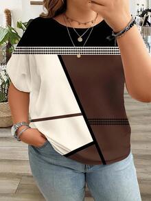 EMERY ROSE Plus Size Women's Asymmetrical Pattern Colorblock Patchwork Round Neck Short Sleeve Blouse, Summer Chic Blouses For Women - Brown - View 1