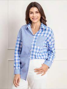 Miaspire 女士格子拼接落肩优雅衬衫 - 藍白色 - 查看 7