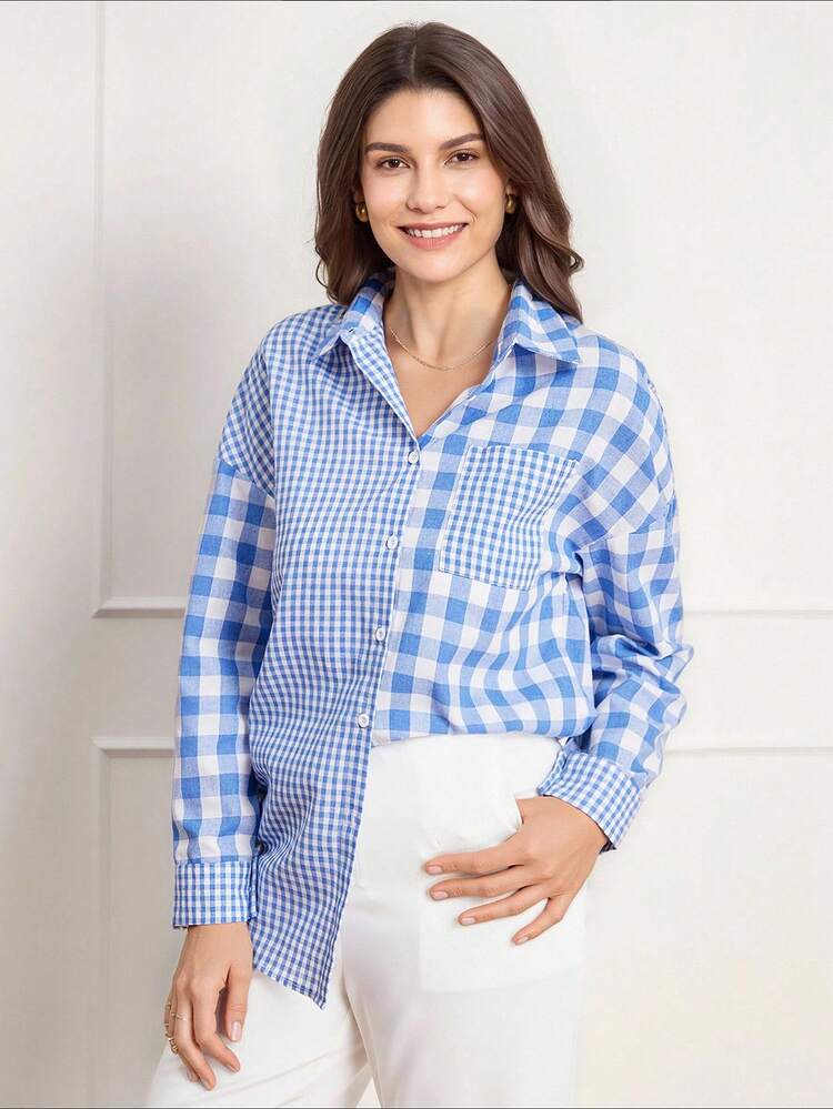 レディース チェック柄 ドロップショルダー エレガントブラウス