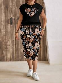 SHEIN LUNE 两件套：休闲宽松碎花爱心图案圆领T恤和半身裙，适合大码女装，秋冬季节、度假装扮，波西米亚风 - 彩色 - 查看 7