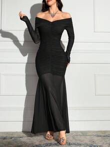 Modelyn Đầm dài ôm sát hở vai màu trơn dành cho nữ - màu đen - Xem 5