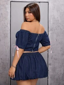 SHEIN ICON 大码女式时尚休闲蝴蝶结装饰露肩上衣 - 深色水洗藍 - 查看 2