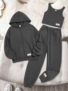 SHEIN 3pcs Tween Girls' Fashion Casual Solid Color Hooded Sweatshirt Sweatshirt, Sleeveless Vest And Drawstring Pants Set - Dark Grey - View 1