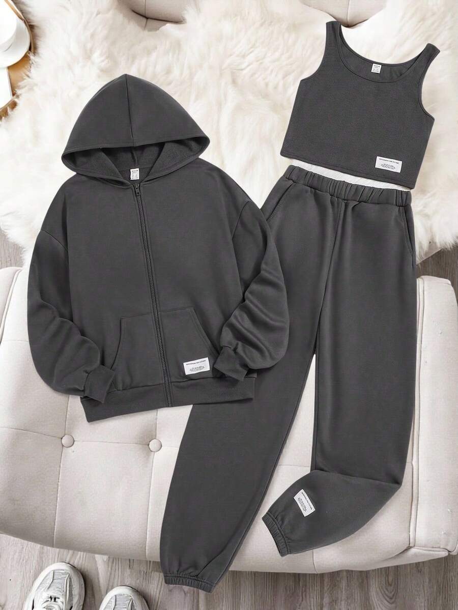 SHEIN 3pcs Tween Girls' Fashion Casual Solid Color Hooded Sweatshirt Sweatshirt, Sleeveless Vest And Drawstring Pants Set - Dark Grey - View 1