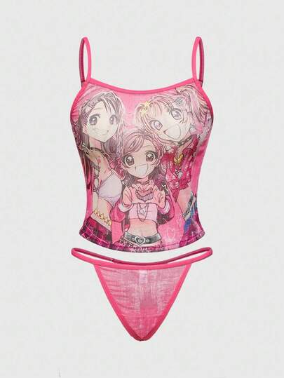 Anime School Girl Print Sexy Sheer Mesh Lingerie Set For Women