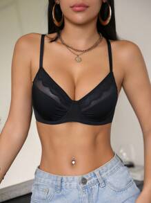 SHEIN Elacene 女士纯色性感蕾丝拼接文胸 - 黑色 - 查看 1