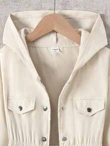SHEIN Tween Girl Apricot Drawstring Waist Single-Breasted Casual Hooded Jacket - Apricot - View 4