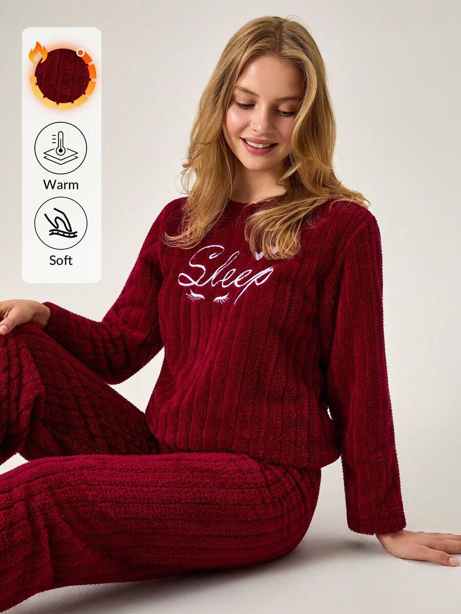 Loomlin 女士毛绒泰迪熊面料字母刺绣家居服休闲舒适睡衣套装 - 酒紅色 - 查看 1