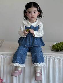 DAZY 2pcs Baby Girls' Casual Butterfly Print Denim Set, Crew Neck Fall/Winter Toddler Girls Clothes - Blue - View 4