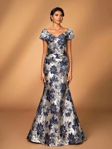 Serin 优雅奢华缎面提花美人鱼裙，适合婚礼、派对、度假、舞会、晚礼服、新娘母亲礼服 - 彩色 - 查看 3