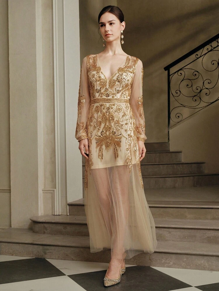 Abito da sera da donna a maniche lunghe, scollo a V profondo, con paillettes e perline, in tessuto trasparente di lusso per feste