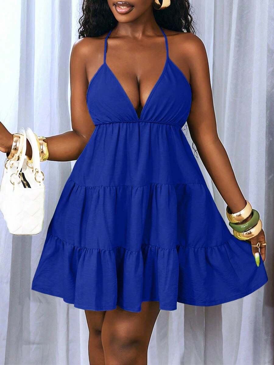 BamGleam Solid Color Sexy Halter Backless Tie Strap Short Dress For Women, Summer