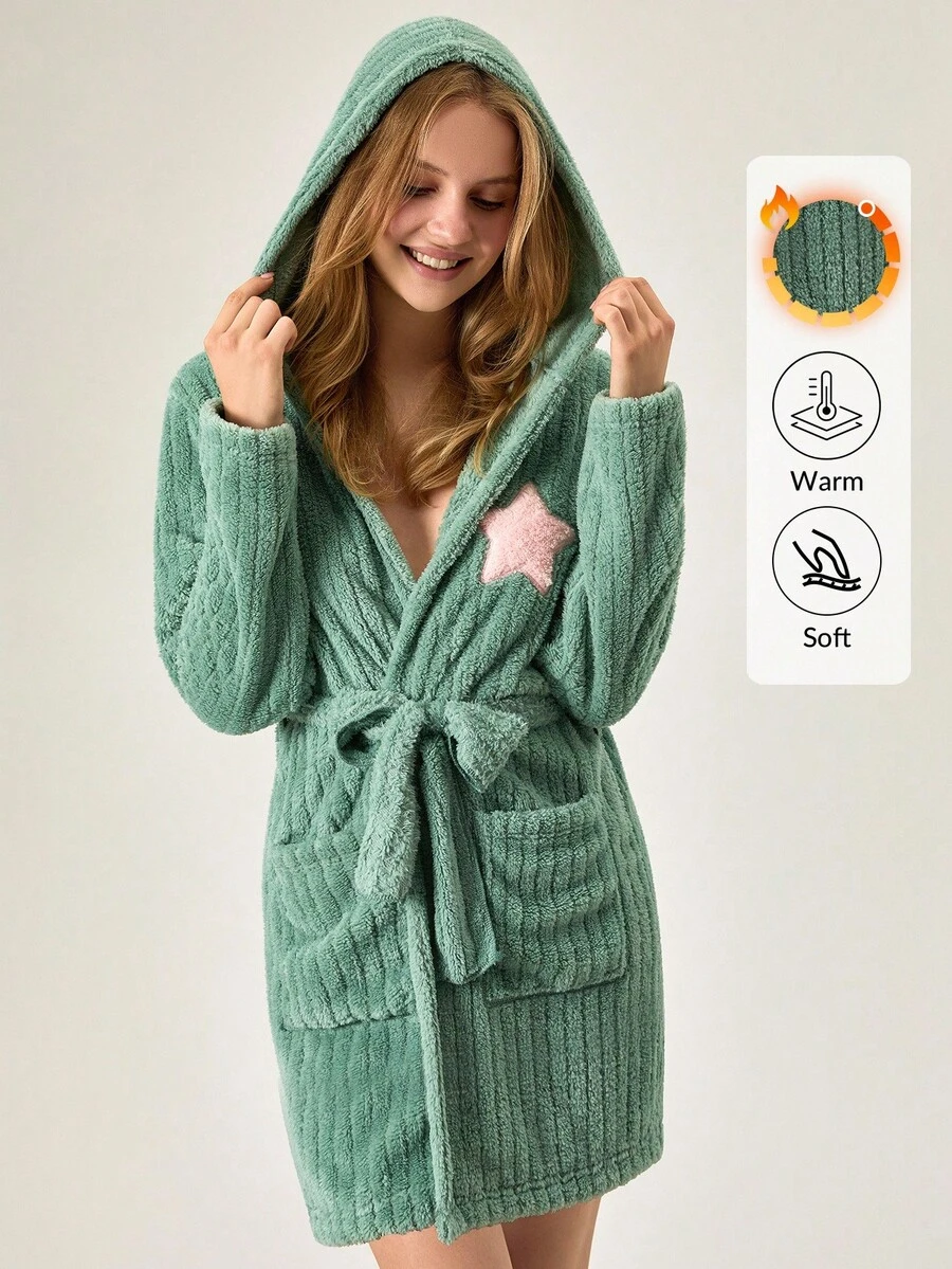 Loomlin 带腰带和大口袋的星星刺绣连帽浴袍 - 薄荷綠 - 查看 1