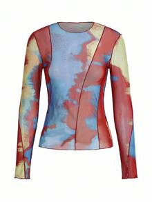 DAZY 扎染生菜边网眼上衣（无胸罩）长袖女式上衣，秋季女装 - 彩色 - 查看 3