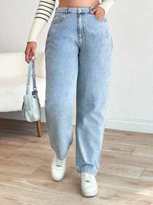 EURMUSE Cottnline Mom Fit Plus Jeans With Snow Wash, - Medium Wash - View 3