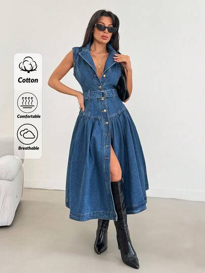 EURMUSE WOMEN Casual Denim Button Front Dress