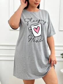 EURMUSE 棉质咖啡与字母印花家居服连衣裙 - 灰色 - 查看 4