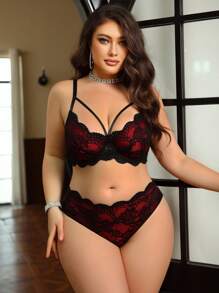 SHEIN Seduluxe 2pcs Plus Size Lace Patchwork Underwire Bra Set Custom Lingerie Set Lace Lingerie Set Red And Black Lingerie Set Bras For Women, Lift