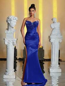 Glamrae Đầm dạ hội màu hồng cánh sen sang trọng, thanh lịch, không dây vai, thiết kế cổ áo tinh tế, dáng đuôi cá bằng satin với bèo nhún có thể tháo rời, phù hợp cho đám cưới, tiệc tùng, kỳ nghỉ, dạ hội, sự kiện trang trọng (đính kèm nhiều chi tiết), thích hợp cho ngày Valentine. - Xanh đậm - Xem 5