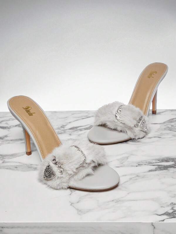 SHUZIA Women Chunky Buckle Decor Furry Fairy Cute Everyday Casual Vacation Faux Fur Grey High Heels Sandals