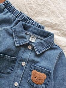 Vintaside Kids Bộ 2 áo khoác denim tay dài cổ xanh thời trang cho bé trai, áo sơ mi và quần dài, họa tiết thêu hình gấu, phù hợp mặc thường ngày mùa thu/đông - Rửa nhẹ - Xem 5