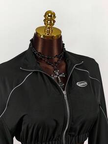 Amplova Áo khoác nữ mùa thu có chi tiết vá chữ tương phản viền ống màu đen - màu đen - Xem 5