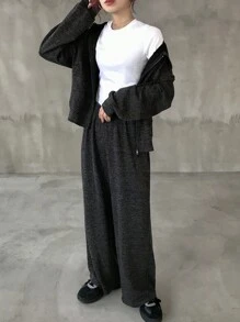 FRIFUL Bộ đồ thường ngày cho nữ, áo hoodie và quần dài tay dài có dây rút phía trước, màu trơn, hở vai - màu đen - Xem 3