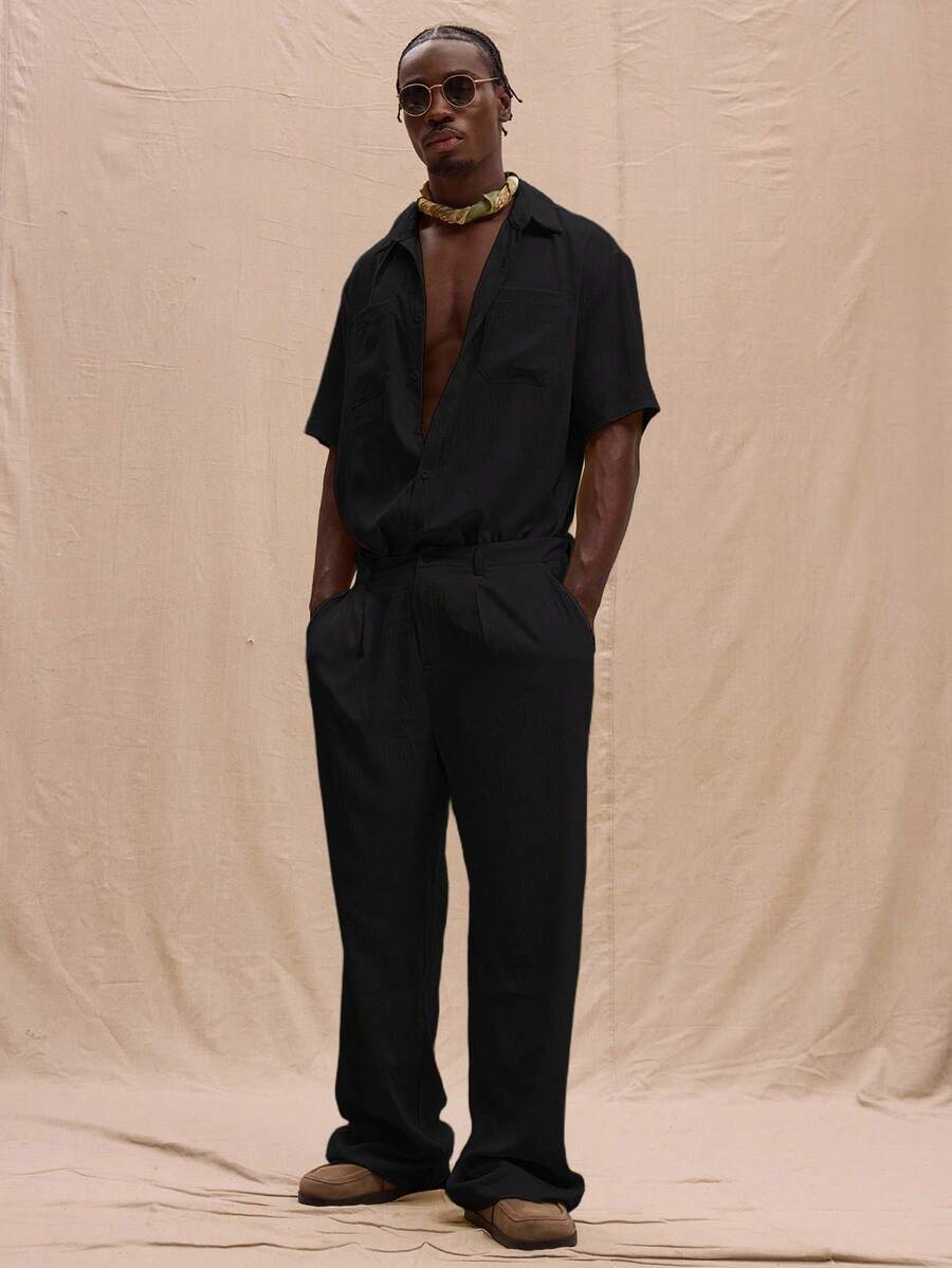 Musero Straight Leg Linen Pleat Trousers Oversized Graphic T-Shirt Spring, Summer, Holiday - Black - View 1