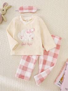 SHEIN Playful Pals 2pcs Baby Girls' Pink Plaid & Apricot Top Set, Cute Cloud Embroidery Pattern Flannel Comfortable Pajamas, Winter Fall