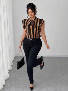 Elenzga Plus Size Casual/Office Black & White Striped Tie Sleeve Design Blouse - Multicolor - View 4