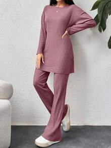 EURMUSE Cotton Drop Shoulder Split Hem Tee & Pants - Rusty Rose - View 3