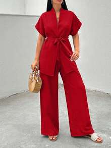 EURMUSE Casual Solid Color Shirt & Pants Set - Red - View 4