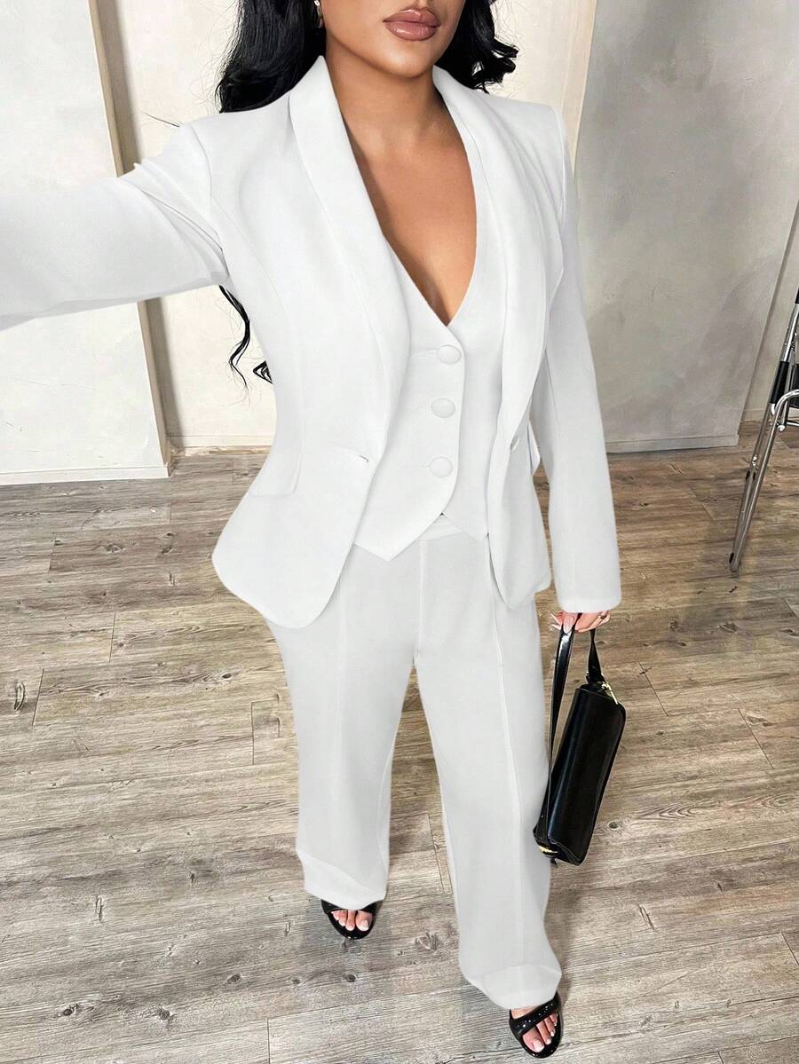 SHEIN SXY 三件套:深蓝色长袖西装外套、马甲和长裤,性感通勤约会套装,适合秋冬季、商务、复古、派对、度假、外出、老钱、妩媚动人、舞会、情人节、邮轮旅行、通勤、层次感丰富的搭配、约会之夜、聚会、极简主义、生日、正式场合、假期、休闲、端庄、时尚、休闲、购物、街头风、外出等场合。女士套装 白色西装 白色西装外套套装 秋季 - 白色 - 查看 1