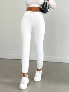 EURMUSE Casual Solid Color Drawstring Waist Jogger Pants - White - View 5