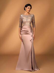 Serin Elegant Luxurious Champagne Embroidered Sequin Lace Satin Sheer Long Sleeve Mermaid Slit Dress, Suitable For Wedding, Party, Vacation, Prom, Evening Gown, Mother Of The Bride, Valentine's Day - Champagne - View 1