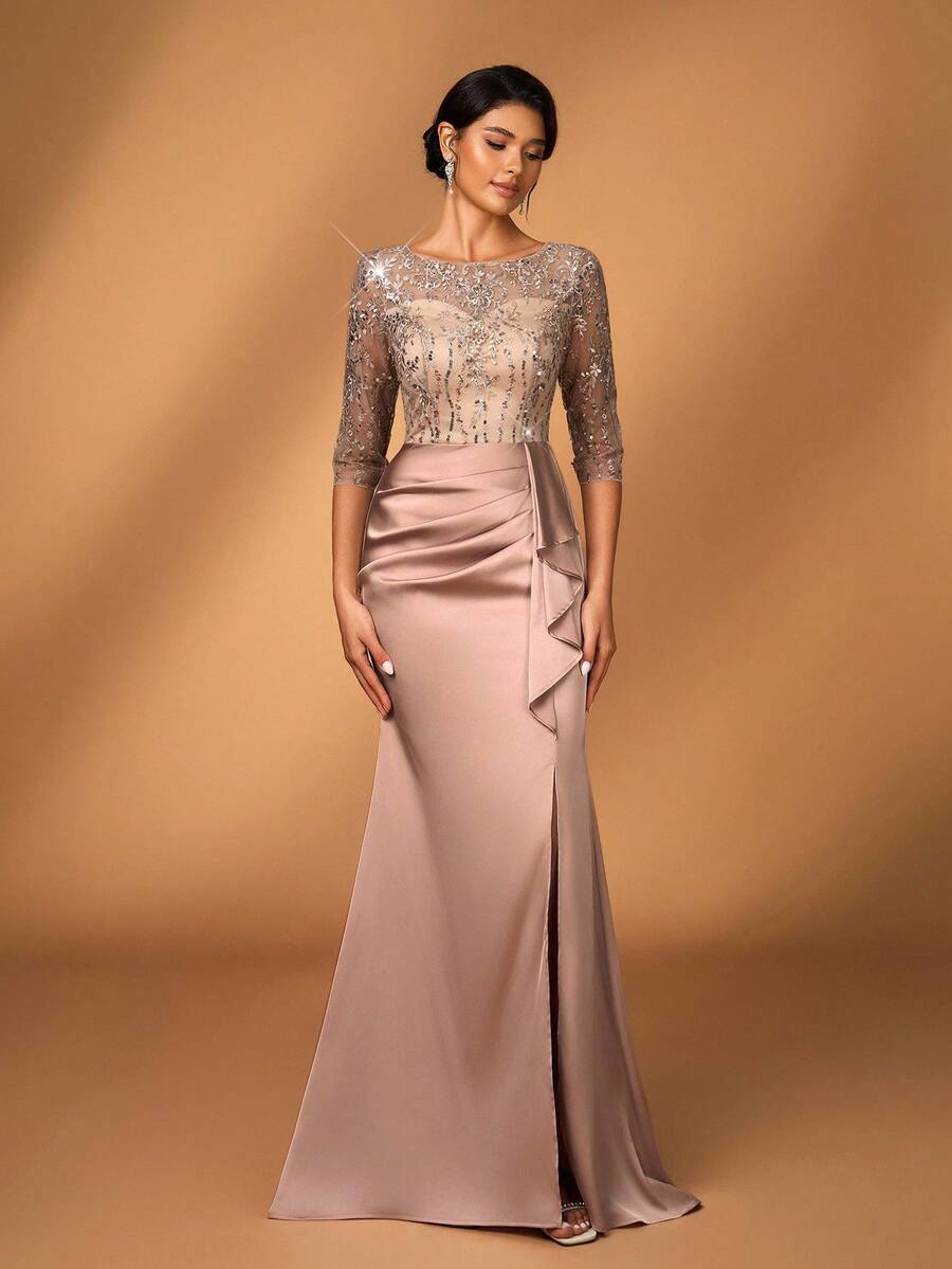 Serin Elegant Luxurious Champagne Embroidered Sequin Lace Satin Sheer Long Sleeve Mermaid Slit Dress, Suitable For Wedding, Party, Vacation, Prom, Evening Gown, Mother Of The Bride, Valentine's Day - Champagne - View 1