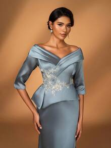 Serin Elegantes, luxuriöses Satin-Kleid mit Perlenstickerei und Spitze, Off-Shoulder Ärmel, Rüschen und Meerjungfrauenschnitt, geeignet für Hochzeiten, Partys, Urlaub, Galas, Konzerte, Abende, Brautmutterkleid