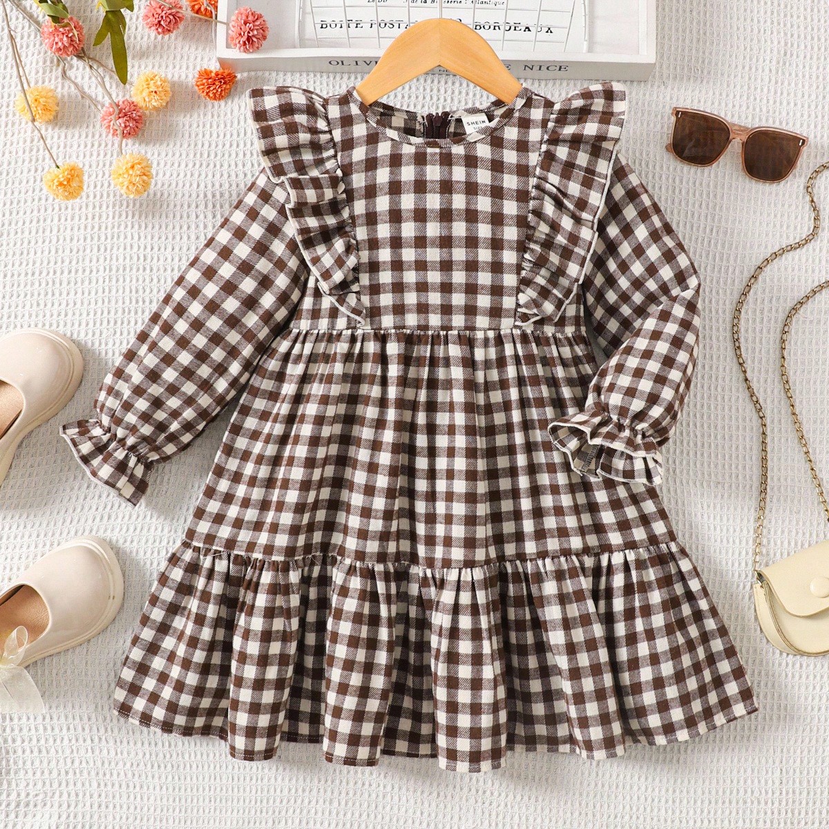 Vestido de franela suelto y lindo con volantes para niña preadolescente y niña joven, manga abullonada, vestido de pana francés, vestido de manga l