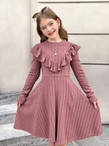 SHEIN 女童罗纹立领荷叶边腰部修身连衣裙