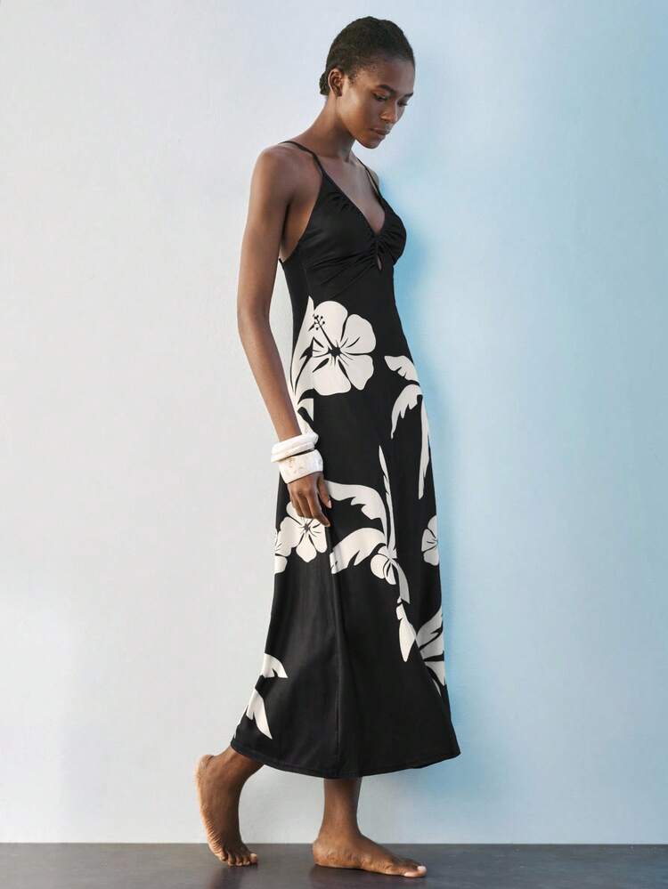 SHEIN Maija Vestido con estampado de palmeras de selva tropical bohemio y tropical para el Festival de Música de Pascua de Primavera 2025, adecuado para invitados de boda, brunch, aeropuerto, fiestas diarias, graduación, vestido versátil y casual para mujeres - Negro - Añade 6