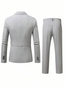 Manfinity Mode Bộ vest công sở thường ngày có ve áo đơn màu tay dài, cổ bẻ và quần dài - Màu Xám nhạt - Xem 2