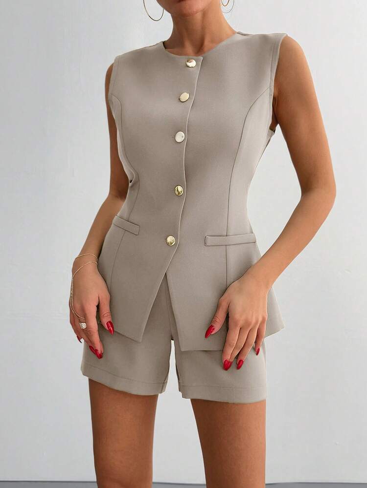 EURMUSE Army Green Suit Solid Sleeveless Vest & Shorts Set, Fashion Suitable For Summer - Beige - View 5