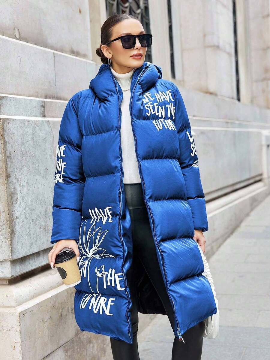 EURMUSE Plus Size Women Winter Slogan Print Full Zip Long Hooded Padded Coat - Royal Blue - View 1