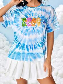 SHEIN X Care Bears 女士休闲扎染熊印花圆领短袖T恤，夏季 - 藍色 - 查看 5