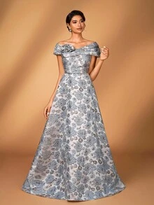 Serin Váy chữ A bằng vải satin jacquard họa tiết hoa 3D trễ vai sang trọng, thanh lịch, thích hợp cho đám cưới, tiệc tùng, kỳ nghỉ, vũ hội, váy dạ hội cho mẹ cô dâu - Xám - Xem 2