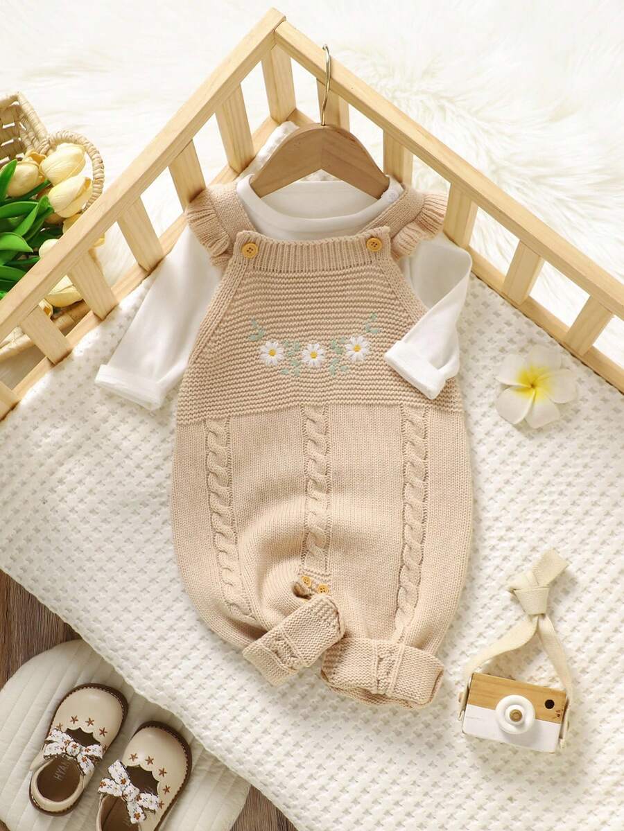 SHEIN 1 件粉色荷叶边吊带连体裤，精致刺绣连体裤，女婴针织，时尚甜美装 - 杏色 - 查看 1