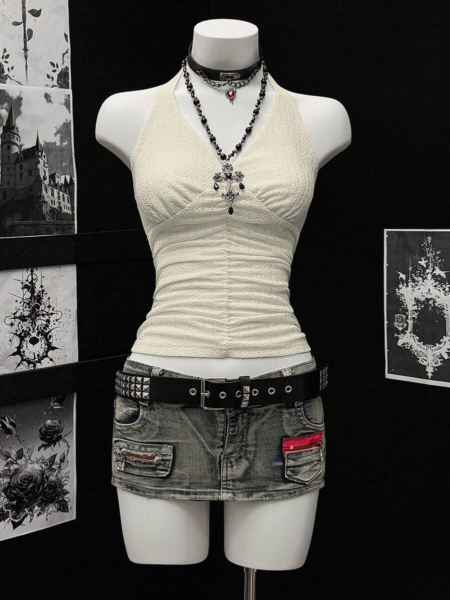 EgrlEra Áo hai dây xếp ly cổ chữ V gợi cảm, dây mảnh, ngắn, buộc dây dành cho nữ - Màu be - Xem 1